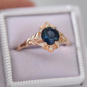 Vintage inspired Blue Sapphire Engagement Ring Round Sapphire Ring 14k Rose Gold, Multi Stone Ring Unique Sapphire Ring Elegant Vintage Ring image 10