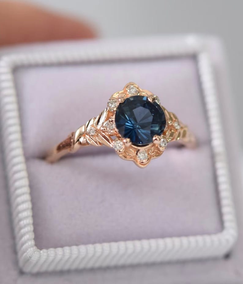 Vintage inspired Blue Sapphire Engagement Ring Round Sapphire Ring 14k Rose Gold, Multi Stone Ring Unique Sapphire Ring Elegant Vintage Ring image 10