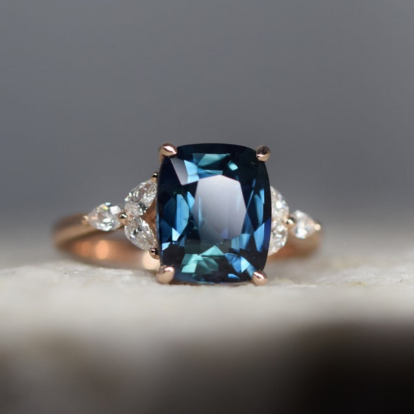 Teal sapphire and diamond engagement ring. Blue green sapphire ring, 4ct Trillium engagement ring by  Eidelprecious.