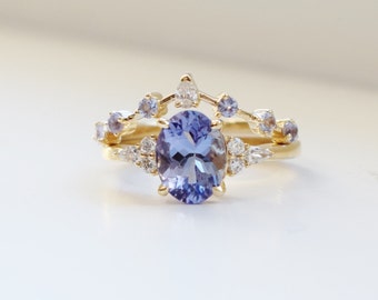 Tanzanite bridal set. Engagement ring in 14k Yellow Gold. 2023 Holiday Cluster Engagement ring and bridal set.