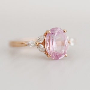 Blush sapphire engagement ring. Light pink oval sapphire ring and diamond ring 14k Rose gold. Trillium Engagement ring Eidelprecious.