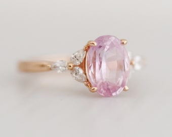 Blush sapphire engagement ring. Light pink oval sapphire ring and diamond ring 14k Rose gold. Trillium Engagement ring Eidelprecious.