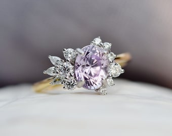 Orchid Diamond Flower Cluster Engagement Ring, Unique Oval Pink sapphire ring, Anniversary ring for wife, floral engagement ring