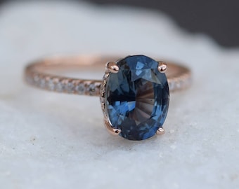 Teal sapphire engagement ring. Peacock green blue sapphire 3.04ct oval halo diamond  ring 14k Rose gold. Engagemet rings by Eidelprecious