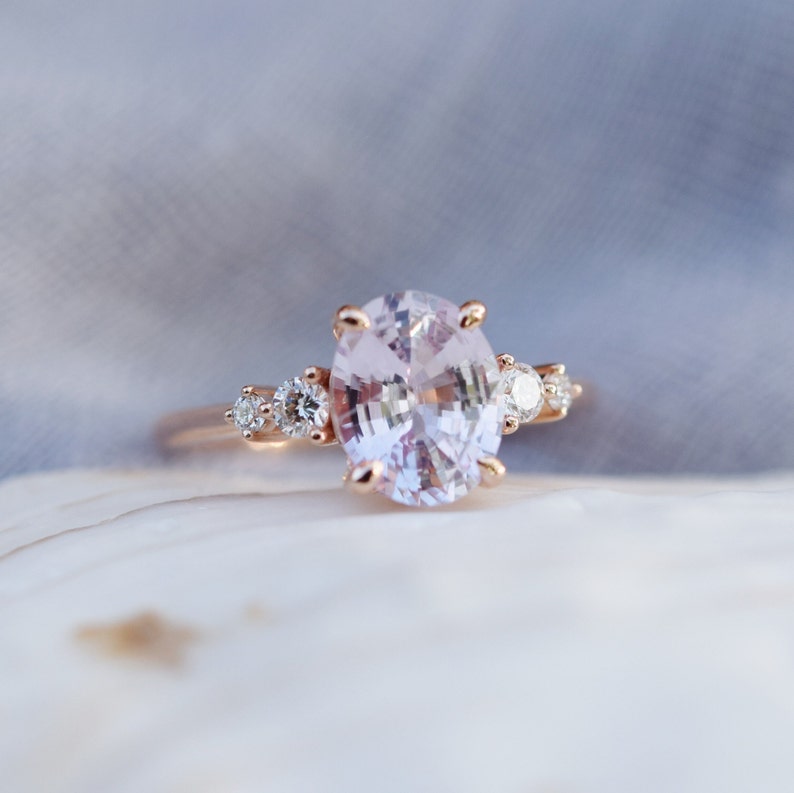 Classic engagement ring, Lavender Peach Sapphire Engagement Ring. Oval cut engagement ring in 14k rose gold by Eidelprecious image 3