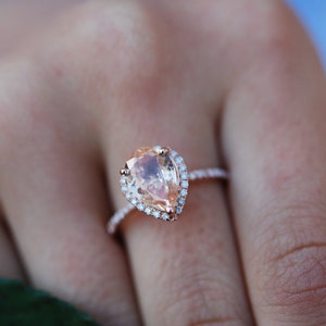 Peach Sapphire Engagement Ring 14k Rose Gold 2ct, Pear Cut Peach Sapphire Ring