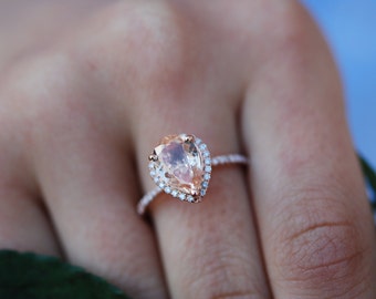 Peach Sapphire Engagement Ring 14k Rose Gold 2ct, Pear Cut Peach Sapphire Ring