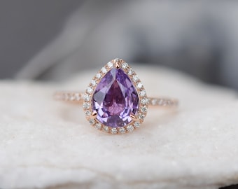 Lavender sapphire ring. 2ct Pear cut purple lavender sapphire 14k rose gold diamond ring engagement ring by Eidelprecious