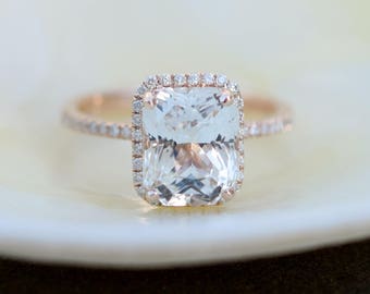 Emerald cut sapphire engagement ring. Radiant White sapphire engagement ring.  Rose Gold Engagement Ring. Gemstone ring by Eidelprecious.