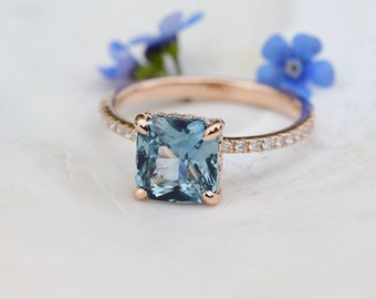 Mint sapphire engagement ring. Blake engagement ring. Blue green Sapphire 14k rose gold diamond ring. Emerald cut ring. Solitaire ring.