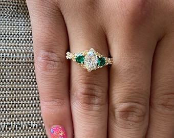 Arwen- 2 Emerald Elvish Engagement Ring Gold Lab Diamond Engagement Ring Whimsical Fantasy Ring Fairytale Ring