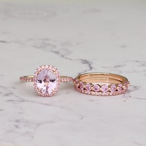 Pink sapphire ring. Bridal set. Engagement ring set. Pink sapphire matching band. Unique 14k Rose gold engagement ring set by Eidelprecious.