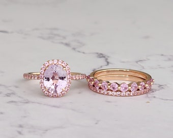 Pink sapphire ring. Bridal set. Engagement ring set. Pink sapphire matching band. Unique 14k Rose gold engagement ring set by Eidelprecious.