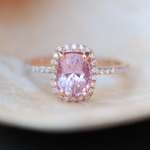 Pink sapphire ring engagement ring 1.58ct Cushion raspberry peach champagne sapphire 14k rose gold diamond ring