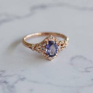 Arwen lavender sapphire engagement ring. LOTR Fantasy ring. Rose gold engagement ring. Lavender sapphire and diamond ring by Eidelprecious