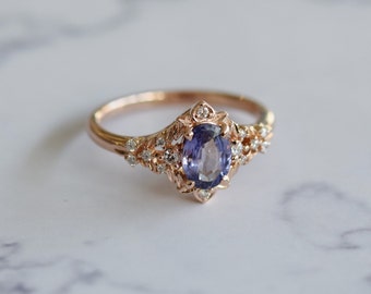 Arwen lavender sapphire engagement ring. LOTR Fantasy ring. Rose gold engagement ring. Lavender sapphire and diamond ring by Eidelprecious