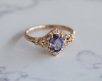 Bague de fiançailles Arwen lavande et saphir. Bague fantaisie LOTR. Bague de fiançailles en or rose. Bague lavande saphir et diamant par Eidelprecious