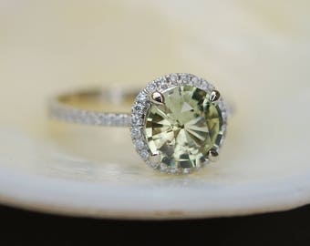 Green sapphire engagement ring. White Gold Engagement ring. Green Sapphire ring. 1.68ct round sapphire 14k White Gold diamond ring.