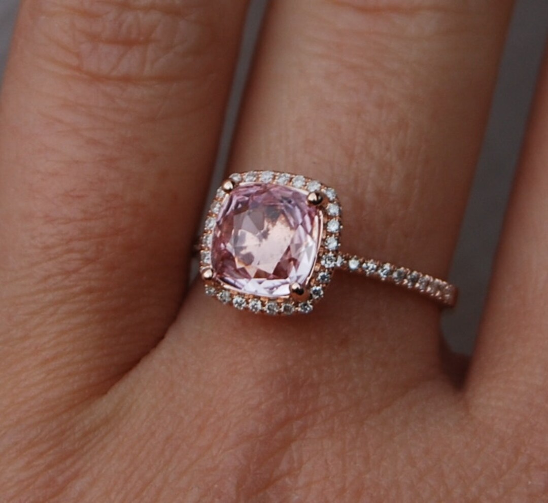 Square Peach Rings 3ct Square Cushion Peach Champagne Sapphire 14k Rose Gold Diamond ...