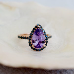 Purple Sapphire Ring. Teardrop engagement ring 14k gold. Pear Cut Sapphire Ring. Multi-stone teal and purple ring. Gemstone by Eidelprecious