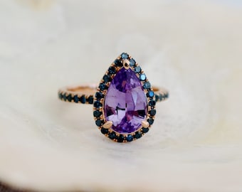 Purple Sapphire Ring. Teardrop engagement ring 14k gold. Pear Cut Sapphire Ring. Multi-stone teal and purple ring. Gemstone by Eidelprecious