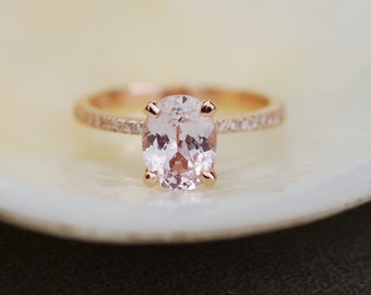 Light pink sapphire engagement ring. Delicate pink sapphire ring. Dainty engagement ring. Hidden halo pave diamond sapphire ring