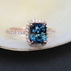 Peacock sapphire engagement ring. 2ct emerald cut blue green sapphire ring diamond ring 14k Rose gold ring