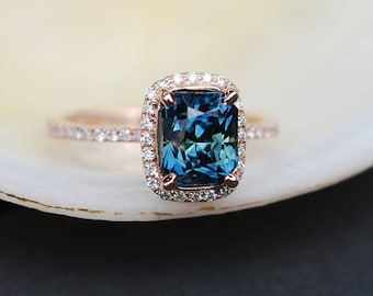 Peacock sapphire engagement ring. 2ct emerald cut blue green sapphire ring diamond ring 14k Rose gold ring