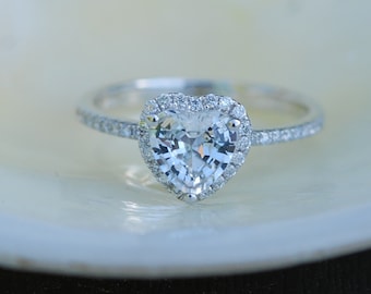 Heart sapphire ring. White sapphire engagement ring. White gold engagement ring. 1.1ct Heart ring 14k white gold diamond ring.