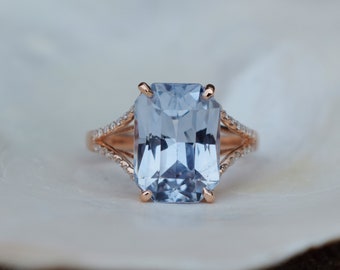 Paris Engagement Ring. Ice Blue Sapphire gemstone rings. Rose Gold Ring. Gray sapphire emerald radiant cut engagement ring by Eidelprecious