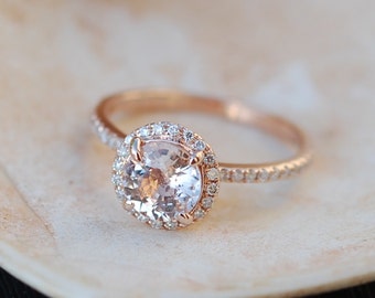 Rose gold engagement ring Peach sapphire diamond ring 14k rose gold round sapphire