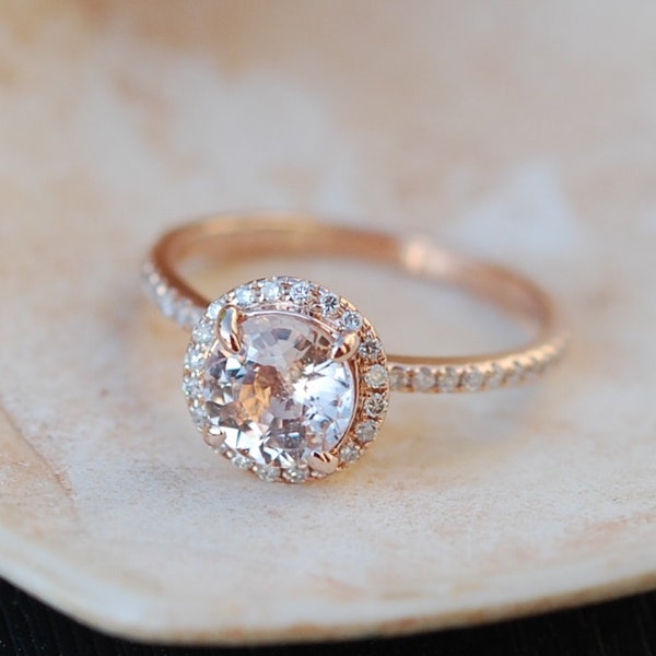 Rose gold engagement ring Peach sapphire diamond ring 14k rose gold round sapphire