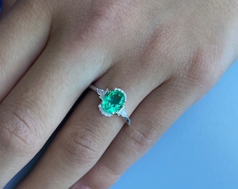 Chloe emerald ring. Emerald and moissanite engagement ring 14k white gold