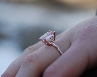 Dusty rose sapphire Engagement Ring. 14k Rose Gold Diamond Engagement Ring 2.58ct Cushion Ice Peach sapphire ring.