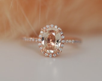 Rose gold ring. Peach sapphire diamond ring. 14k rose gold oval sapphire ring. Engagement ring Eidelprecious.