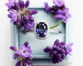 Indigo Blue Sapphire Ring: Oval Diamond Halo, 18k White Gold Engagement Ring