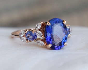 Bespoke Tanzanite and diamond engagement ring in 14k Rose Gold. 10 year anniversary gift. Cluster ring. Blue tanzanite Ring. Ready to ship