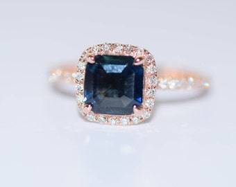 Peacock sapphire engagement ring. 2ct square cushion cut blue green sapphire ring diamond ring 14k Rose gold ring by Eidelprecious