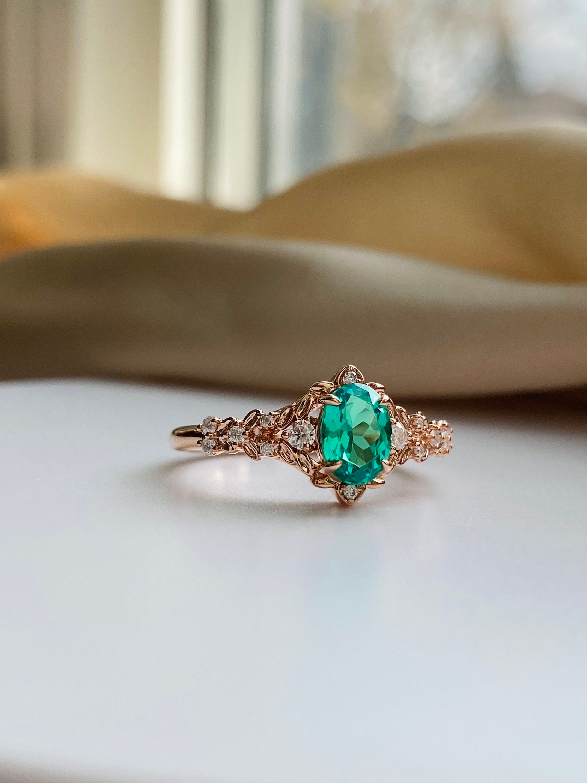 Cushion Emerald Engagement Ring Rose Gold Vintage Halo Diamond Ring | La  More Design