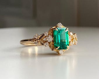 Enchanted Emerald engagement ring gold.  Fantasy elvish ring. 14k yellow Gold moissanite engagement ring. Unique promise ring Eidelprecious
