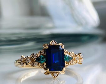 Arwen Royal Blue sapphire engagement ring gold. Enchanted Fantasy ring. 14k Gold moissanite engagement ring. Unique ring by Eidelprecious
