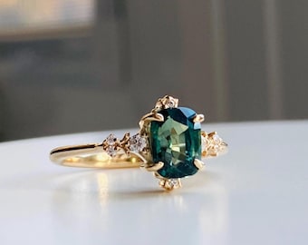 Sage green sapphire ring gold. Elvira Green sapphire diamond Fantasy ring. Whimsical gold engagement ring. Enchanted sapphire diamond ring