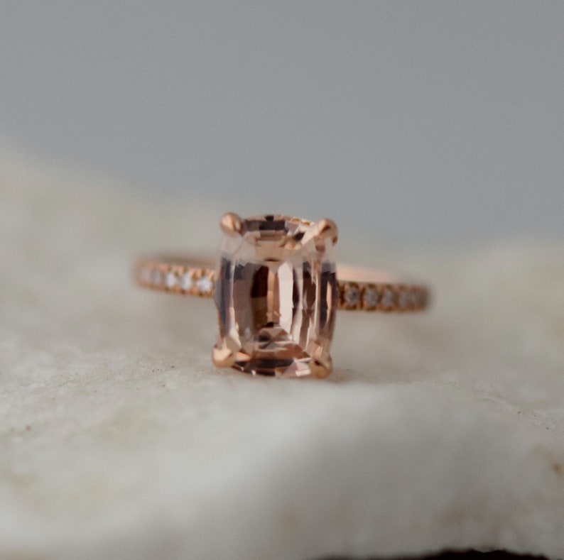 Rose gold engagement ring. Blake ring Cushion peach champagne Sapphire Engagement Ring cushion cut sapphire ring by Eidelprecious image 3