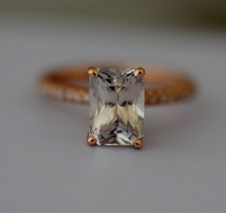 White Sapphire Engagement Ring Emerald Cut White Sapphire Ring Etsy