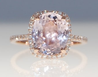 Mauve sapphire ring. Lavender peach sapphire engagement ring. Cushion cut sapphire and diamond ring in 14k rose gold by Eidelprecious.