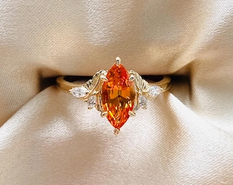 Fiore Betta - Floral Marquise Orange Sapphire Engagement Ring: 14k Gold Lab Diamond Butterfly ring