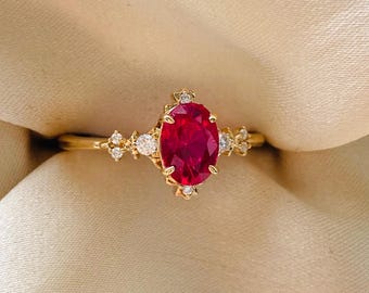 Elvira Ruby Engagement ring 14k gold. Oval Red Ruby and Moissanites Fantasy ring.