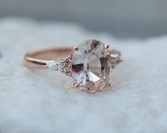 Peach sapphire engagement ring. Light peach champagne sapphire oval diamond ring 14k Rose gold. Campari Engagement ring by  Eidelprecious