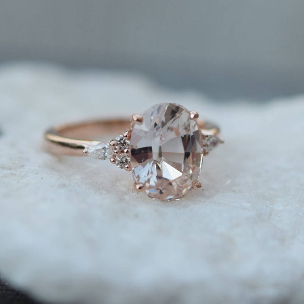 Peach sapphire engagement ring. Light peach champagne sapphire oval diamond ring 14k Rose gold. Campari Engagement ring by  Eidelprecious
