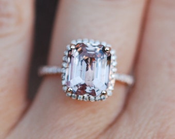 Peach Sapphire Ring Rose Gold Engagement Ring 5.86ct cushion 14k rose gold diamond ring.